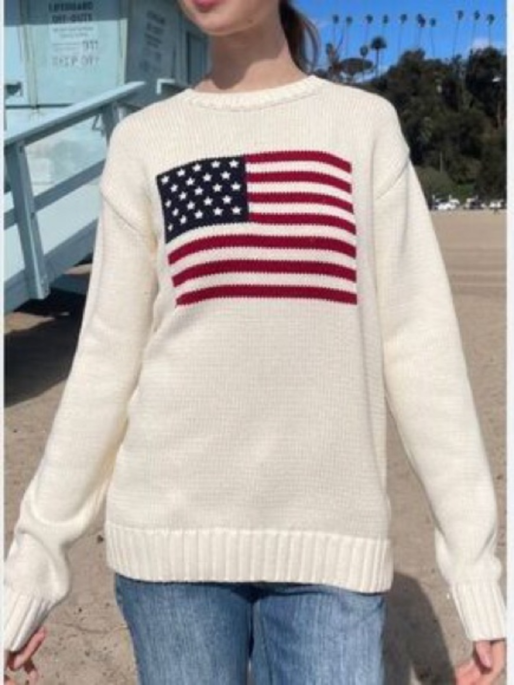 Brandy Melville Women's Cream Flag Knit Sweater